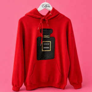 RED-PERFUME BOTTLE-DESIGNER -SWEATSHIRT WITH HOOD AND POCKETS