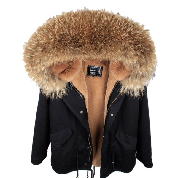 Black Parka Jacket with Natural Hood 