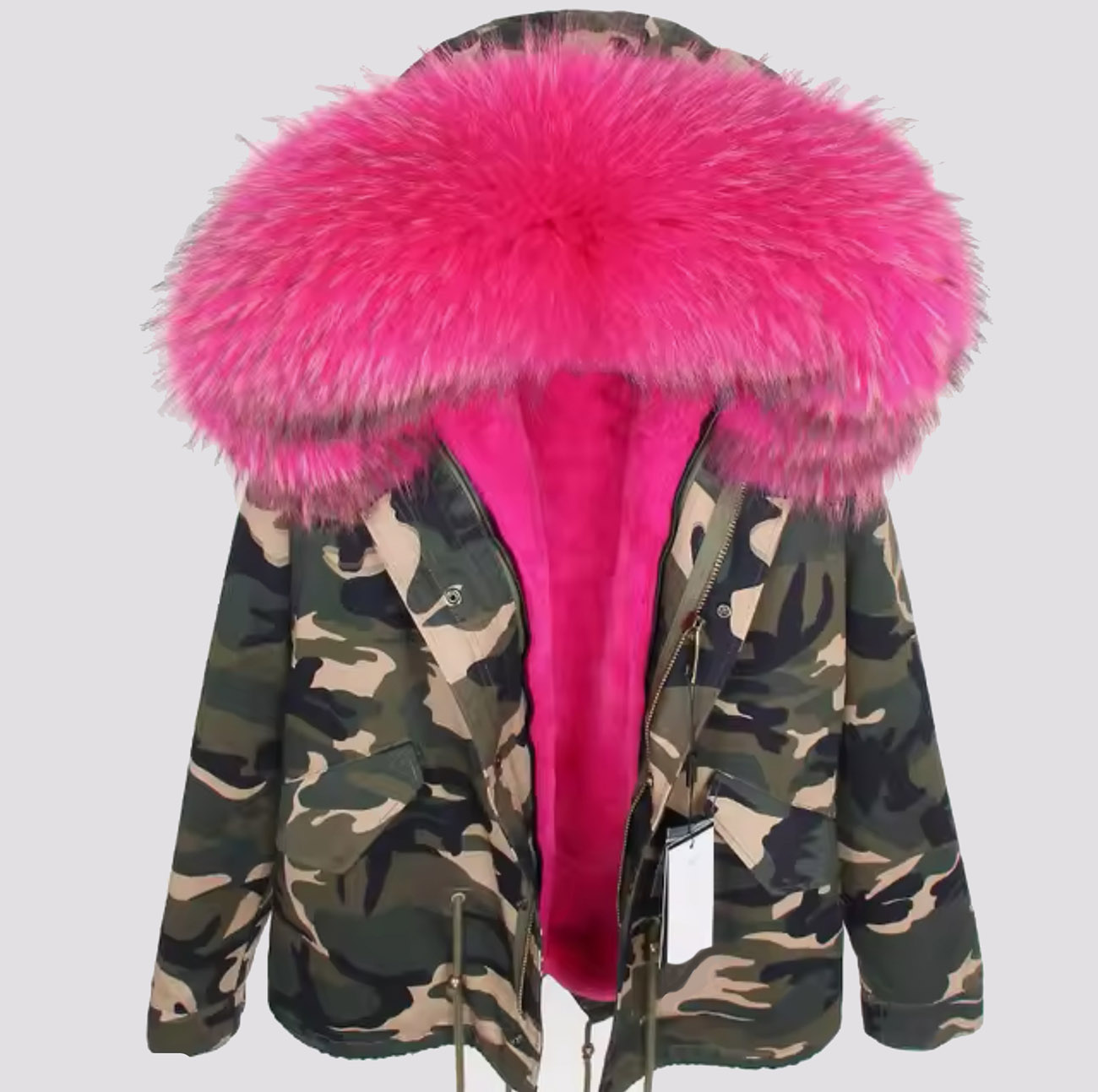 pink hood camouflage parka jacket