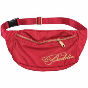 Red Baddie glitter fanny pack with gold lettering, gold zipper and adjustable waist strap