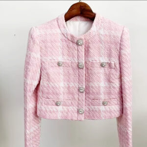 Pink tweed cropped women's jacket with textured plaid fabric and structured silhouette.
