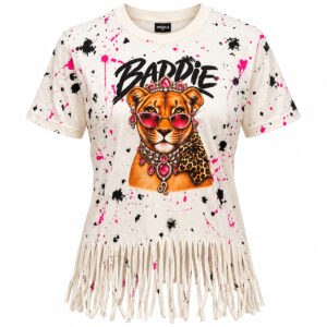 Hand-painted Baddie lioness fringe T-shirt with pink and black splatters